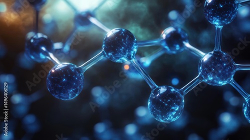 Close-up of a glowing blue molecular structure with interconnected spherical atoms and rods set against a dark, blurred background