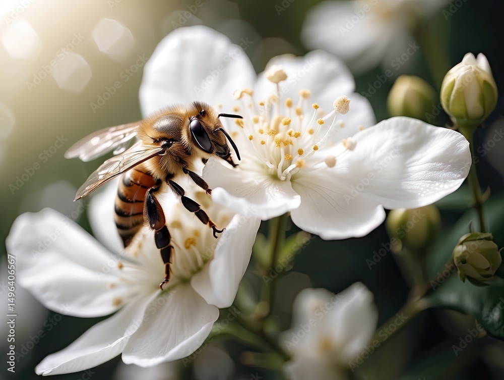 Macro Shot of Honeybee Pollinating White Flower in Bloom Macro Shot of Honeybee Pollinating White Flower in Bloom