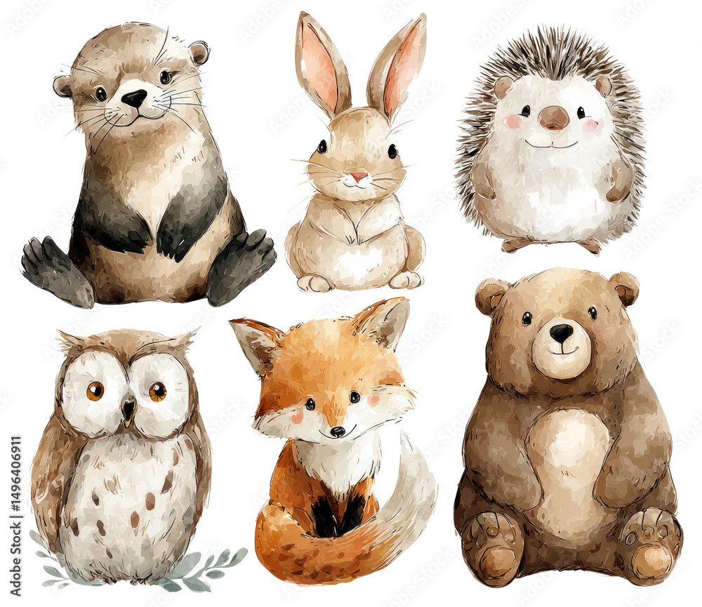 Fototapeta premium A set of cute animal drawings, including a bear, a rabbit, a hedgehog, a raccoon