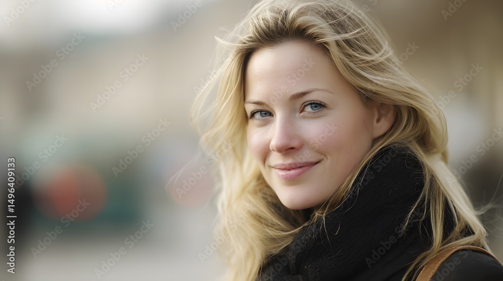Obraz premium Portrait of a smiling woman from diverse cultural background in soft natural light with warm tones and blurred background, head and shoulders composition