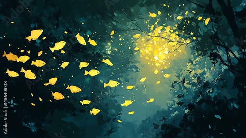 Golden Fish Swarm Forest Glow.