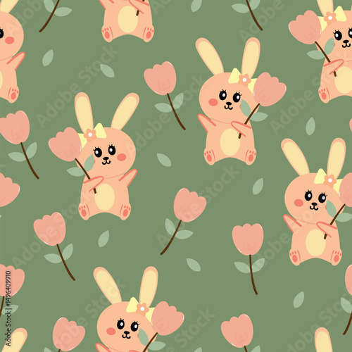 Seamless pattern cartoon bunny hold pink flower. cute animal pattern for wallpaper, background and gift wrap paper