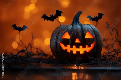 Glowing carved pumpkin with triangular eyes and toothy smile surrounded by small bat decorations on bare branches with orange bokeh background creating spooky atmosphere