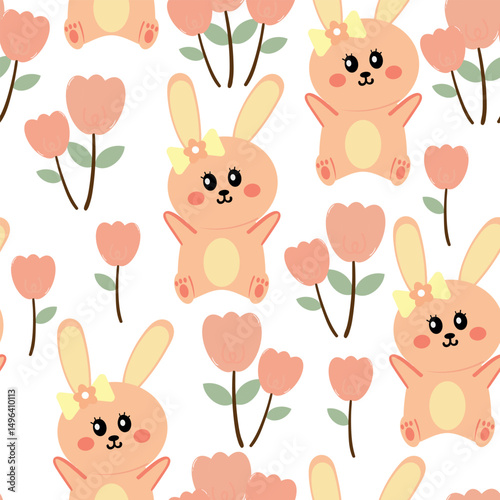 Seamless pattern cartoon bunny and tulip pink flower. cute animal pattern for wallpaper, background and gift wrap paper