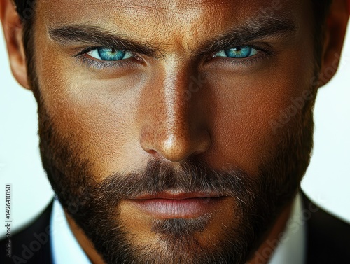 Close-up portrait of a man with intense blue eyes, tanned skin, and a full beard, expressing confidence and determination