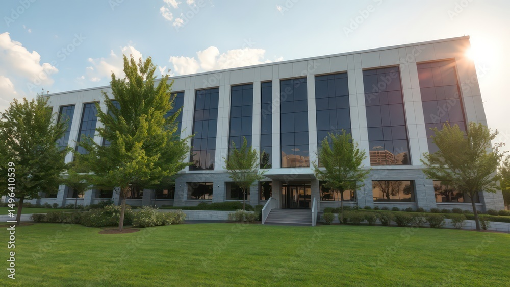 Modern Office Building with Landscaped Grounds and Sunlit Facade Modern Office Building with Landscaped Grounds and Sunlit Facade