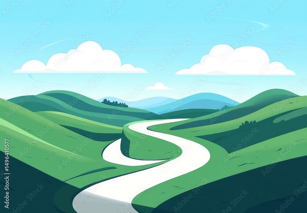 Obraz premium Winding Road Through Green Hills Under a Blue Sky