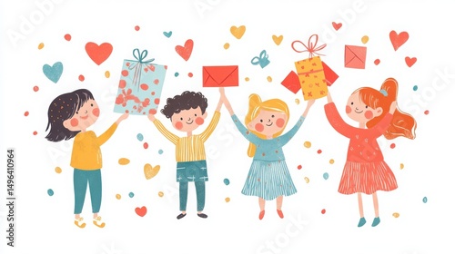 Happy Children Celebrating with Gifts and Envelopes