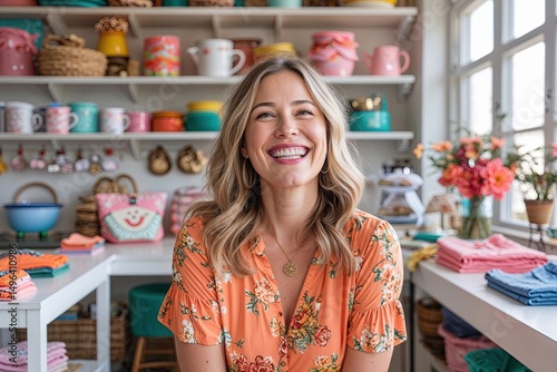 Woman-led Business Capturing Joyful Moments of Merchandise in a Cheerful Workspace