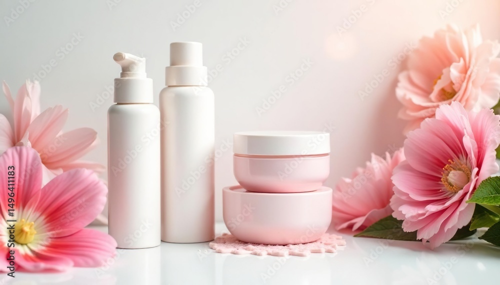 Bright white background showcasing beauty products, shiny, soft, skincare Bright white background showcasing beauty products, shiny, soft, skincare