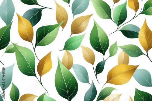seamless pattern of green and golden leaves with delicate white vein details on white background