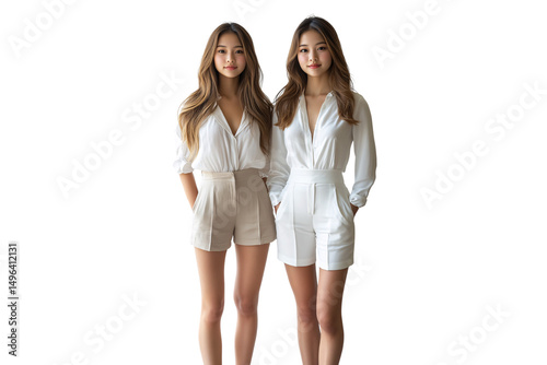 Two young women in white blouses and light-colored shorts standing side by side, isolated on a transparent background