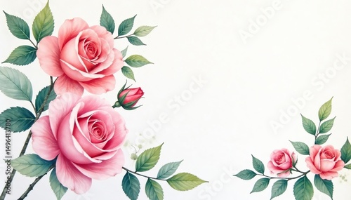 Delicate watercolor roses & leaves, pastel hues, summer, romantic