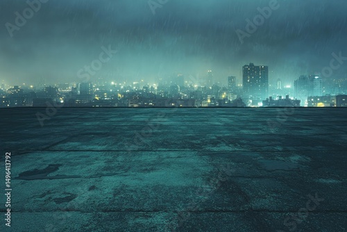 Rainy cityscape view from concrete surface, lights blur in foggy mist
