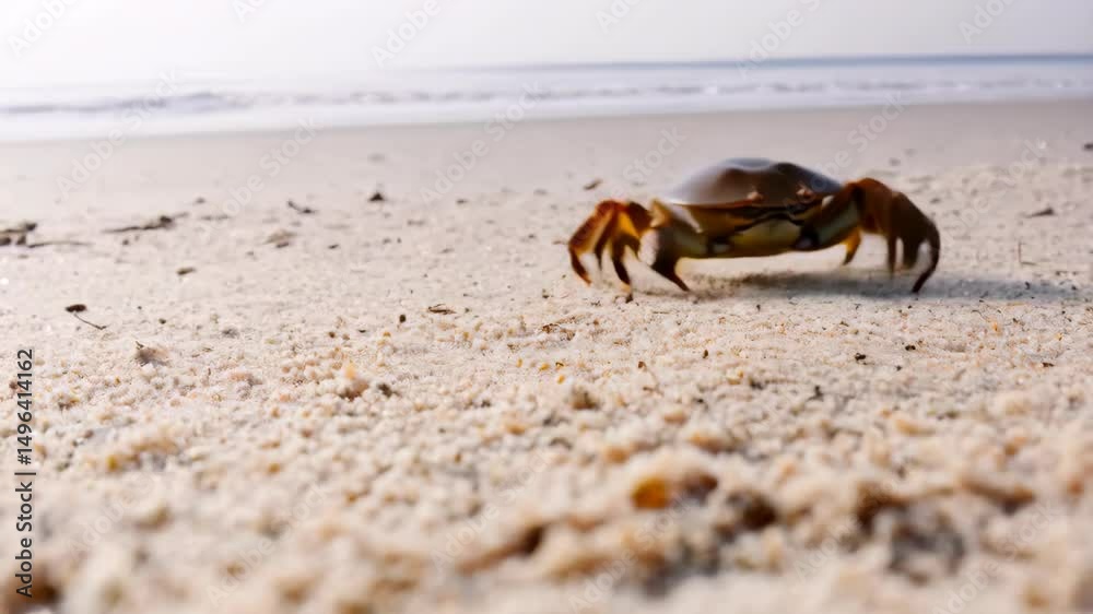Close up of crab walking along sandy beach towards the ocean, blurry motion, shallow depth of field.
