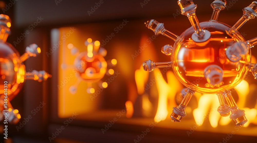 Fototapeta premium Suspended, glowing spheres against a fiery backdrop.