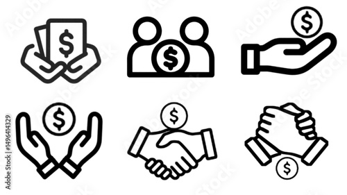 Business marketing icon set in line style. Containing agreement, donation, handshake, partnership, money, social media, megaphone, sponsor, purchase, Vector illustration