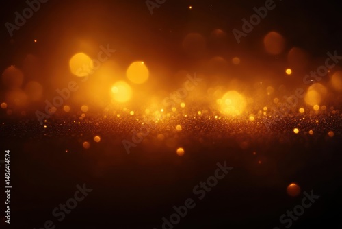 Golden glowing bokeh lights scattered above dark surface with warm amber tone creating magical luminous effect