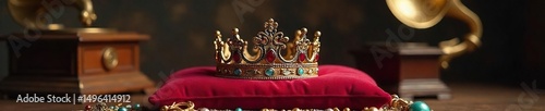 A regal crown rests on a velvet cushion, surrounded by antique jewelry and a vintage gramophone, evoking a sense of old-world royalty and nostalgic charm , luxury, classic, prestige