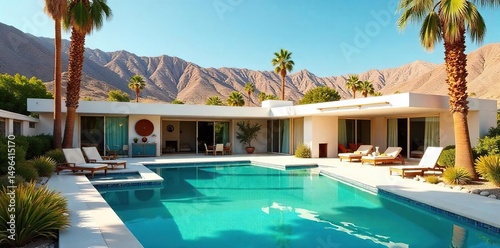 Mid-century modern architecture in Palm Springs, California, bathed in the warm desert sun Iconic poolside view with vibrant landscaping and clear blue sky , resort, mid-century modern
