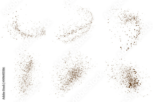 Splash isolated vector set of flying coffee illustration. Chocolate powder dust particles background
