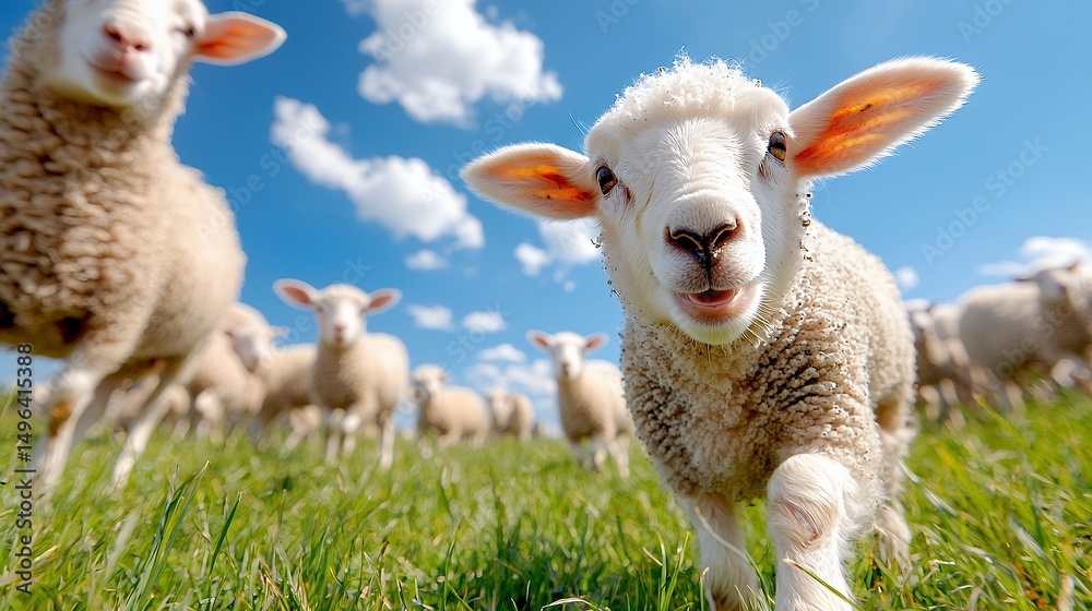 Fototapeta premium Lambs in a Field Under Blue Sky