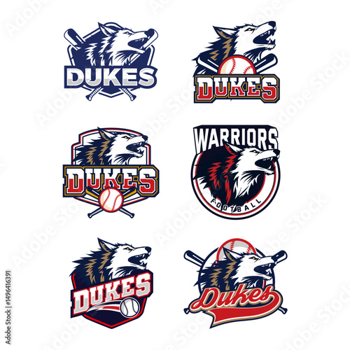 This set of dynamic sports logos features a fierce wolf as the central icon, symbolizing power, loyalty, and aggression. 