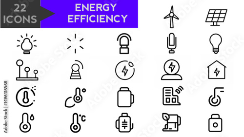 Set of 22 outline icons related to energy efficiency. Linear icon collection. Editable stroke. Vector illustration.