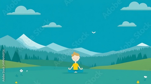 Boy Meditates Lakeside Mountains.