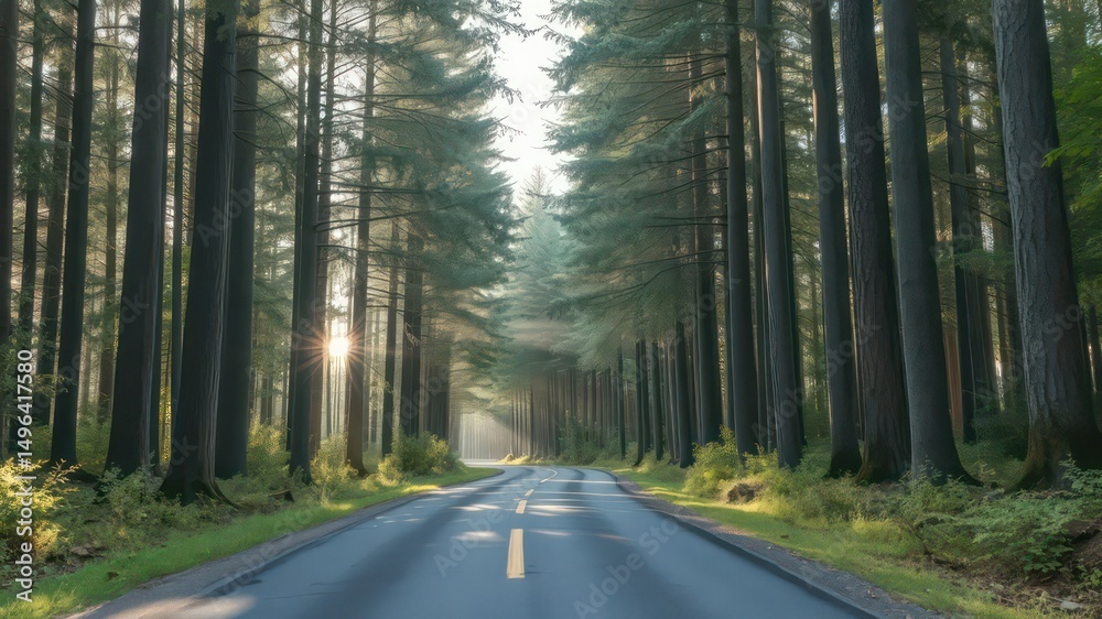 Obraz premium Sunlit Road Through Tall Trees in a Lush Forest