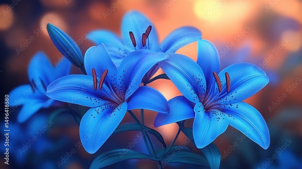 Fototapeta premium Close-up of vibrant blue lilies with detailed petals and stamens against a softly blurred background with warm tones, evoking calmness and beauty