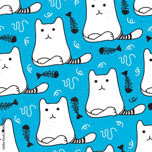Cat seamless pattern with fish bone. Animal print for textile. Pet print about love. Cat love, cat couple, Meow lover.