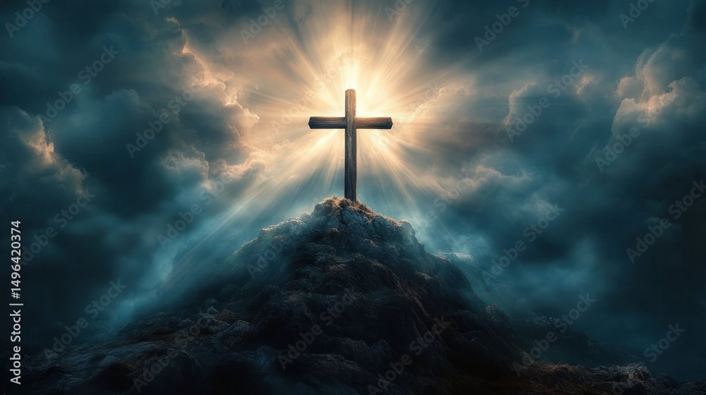 Naklejka premium Wooden cross standing atop rocky hill with bright radiant light and dramatic cloudy sky creating a powerful spiritual atmosphere