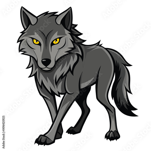 A gray wolf with piercing yellow eyes walks forward against a white background.
