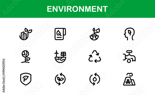 Nature and Environment Icons. Clean Line Art for Green Energy, Ecology, and Earth-Friendly Visuals