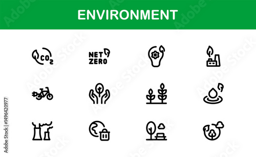 Nature and Environment Icons. Clean Line Art for Green Energy, Ecology, and Earth-Friendly Visuals