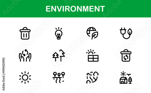 Nature and Environment Icons. Clean Line Art for Green Energy, Ecology, and Earth-Friendly Visuals