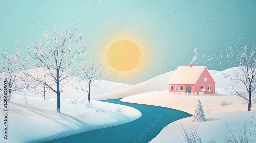 Obraz premium Surreal Landscape with Snowy Trees, House, River, and Sun. Minimal Background and Dreamlike Scene.
