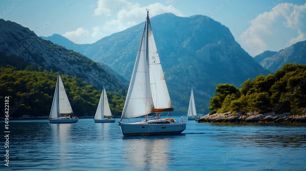 Naklejka premium Sailboats navigating on crystal-clear waters with mountain backdrop on a sunny day evoking a sense of adventure and tranquility