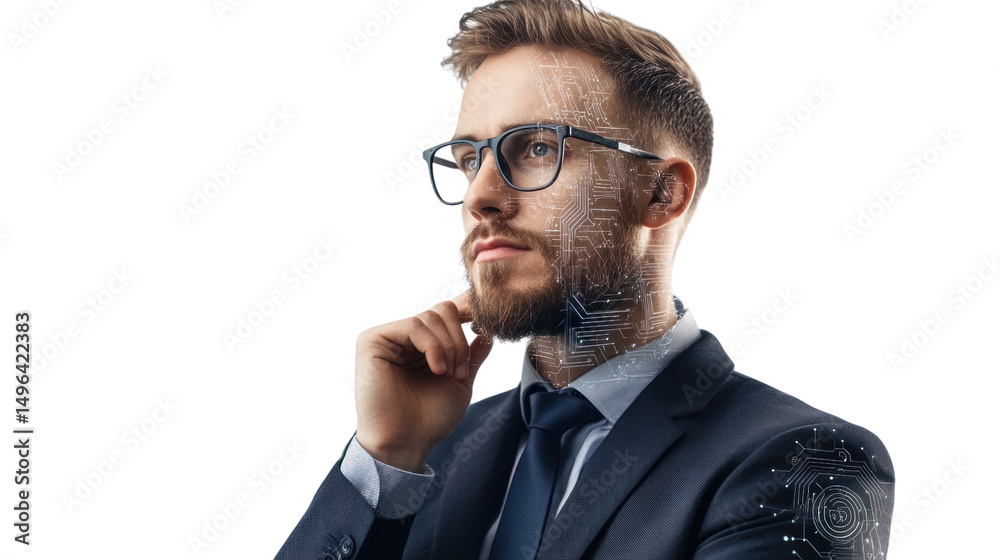 Thoughtful businessman in suit, wearing glasses, posing with hand on chin, white isolated background. Thoughtful businessman in suit, wearing glasses, posing with hand on chin, white isolated background.