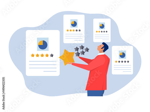 high quality products and services,businessman holding precious high quality stars versus other ordinary stars Quality vs quantity, eliver superior result concept