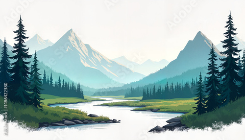 Mountain landscape with river and pine trees
