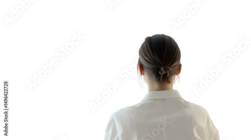 Woman with a bun looking into the distance, ideal for concepts of contemplation and introspection.