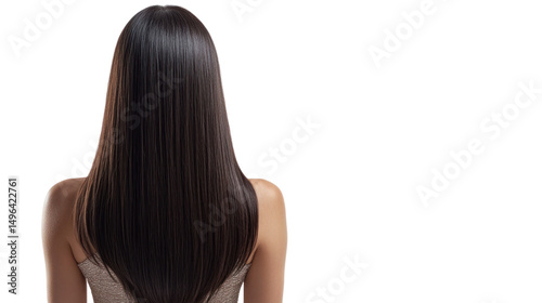 Woman with long, straight black hair on a white isolated background.