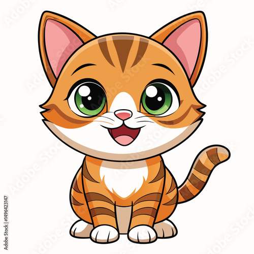 A happy tabby kitten with wide eyes and its tongue slightly out looks directly at the viewer  a white background.