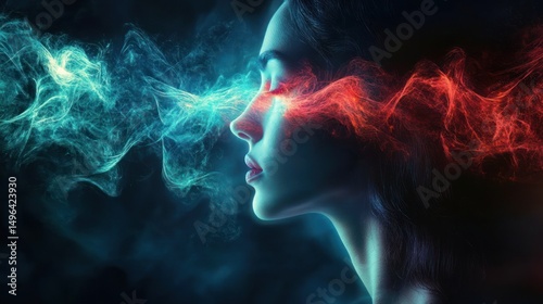 Profile of a woman with closed eyes emitting contrasting streams of blue and red smoke from her eyes, conveying a surreal and intense emotional atmosphere