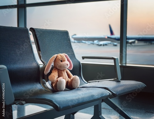 Waiting at the airport with a soft bunny toy while planes prepare for takeoff during sunset in the background Generative AI