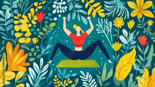 Woman Yoga Pose Floral Garden.
