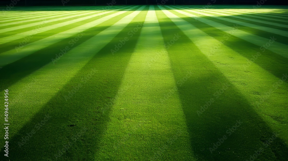 Obraz premium striped green grass on a field with shadows.