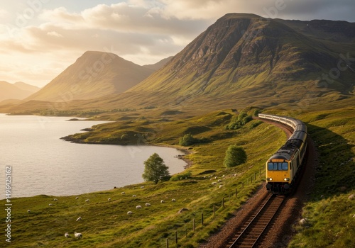 Scenic Train Journey in the Highlands: A train winds its way along a railway track, against a stunning backdrop of lush green mountains and a serene lake.